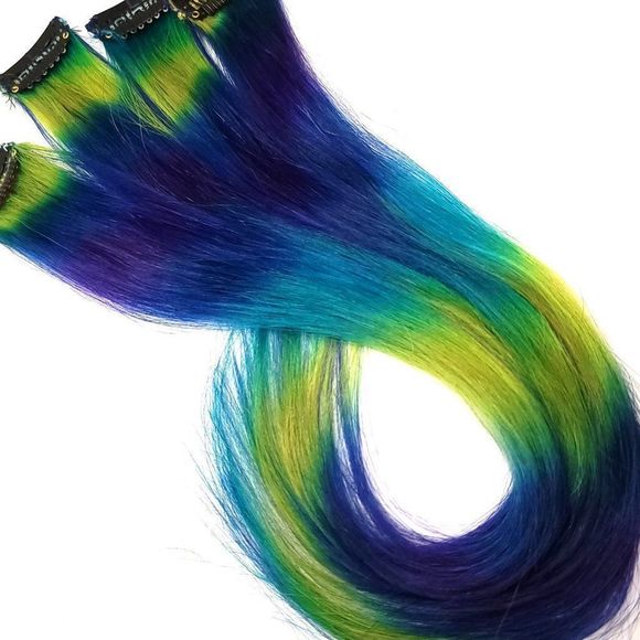 Blue Green Holographic Ombre Double Drawn Clip in Remy Human Hair Extensions